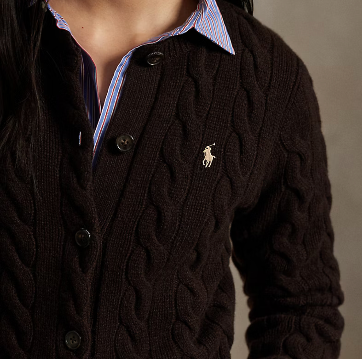 Polo Ralph Lauren Cable-Knit Wool-Cashmere Cardigan -Walnut Brown Melange