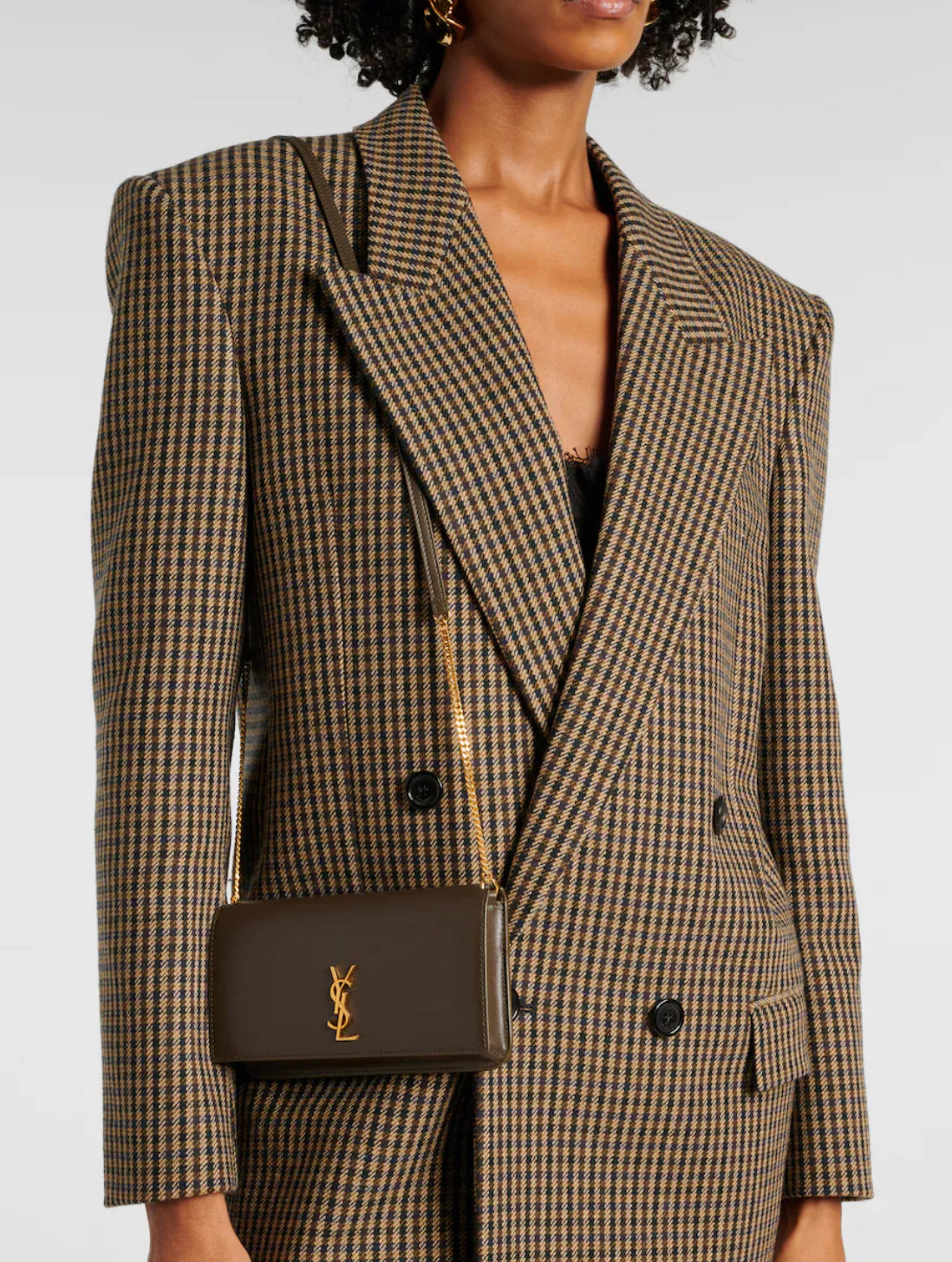 YSL Cassandre Phone Holder in Smooth Leather Brown