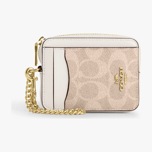 Coach Zip Card Case In Signature Canvas - Gold/Sand/Chalk