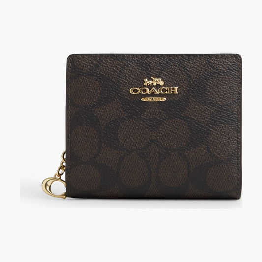 Coach Snap Wallet In Signature Canvas - Gold/Walnut/Black