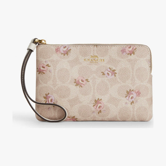 Coach Corner Zip Wristlet In Signature Canvas With Floral Print - Gold/Sand Multi