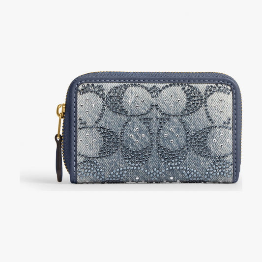 Coach Essential Small Zip Around Card Case In Regenerative Cotton Denim With Crystal Signature - Brass/Denim
