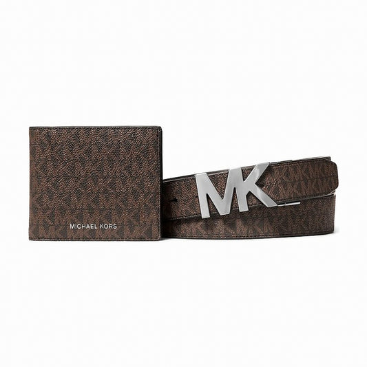 Michael Kors Signature Logo Wallet and Reversible Belt Gift Set - BROWN/BLACK