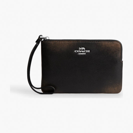Coach Corner Zip Wristlet In Loved Leather - Silver/Black Brown