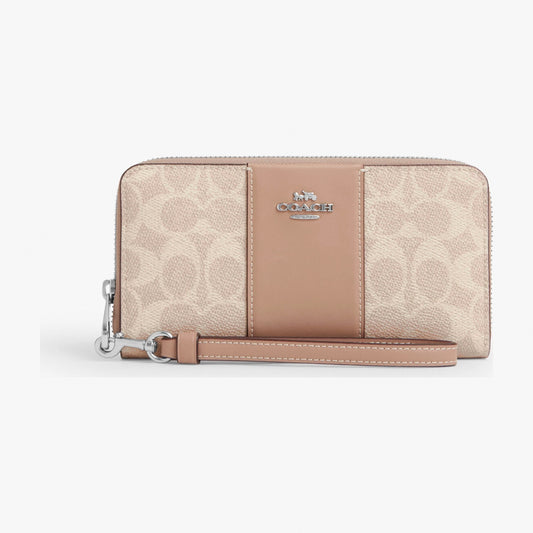Coach Long Zip Around Wallet In Signature Canvas With Stripe - Silver/Sand/Taupe