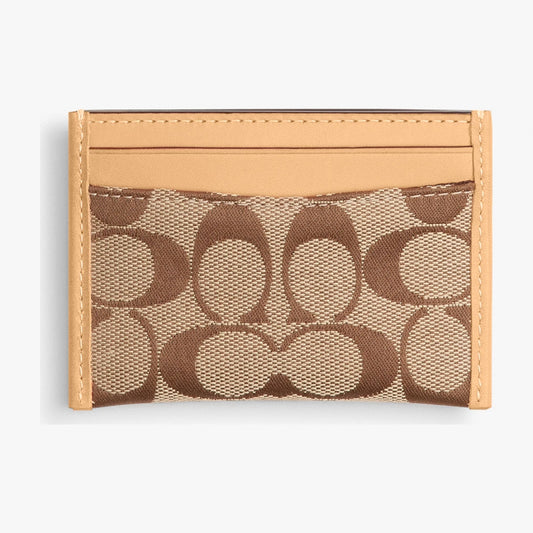 Coach Essential Card Case In Signature Jacquard - Brass/Khaki Light Peach