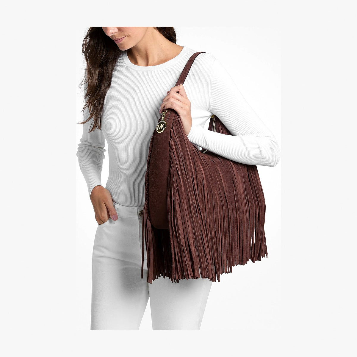 Michael Kors Nayla Medium Fringed Suede Hobo Shoulder Bag - NUTMEG