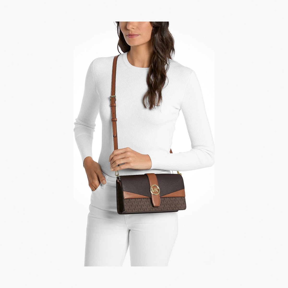 Michael Kors Greenwich Medium Signature Logo Convertible Crossbody Bag - BROWN