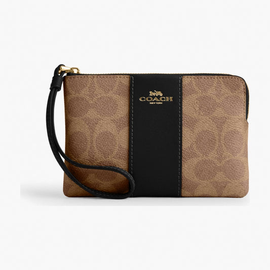 Coach Corner Zip Wristlet In Signature Canvas With Stripe - Gold/Tan/Black