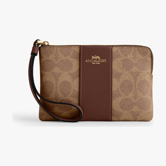 Coach Corner Zip Wristlet In Signature Canvas With Stripe - Gold/Tan/Brown