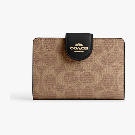 Coach Medium Corner Zip Wallet In Signature Canvas - Gold/Tan/Black