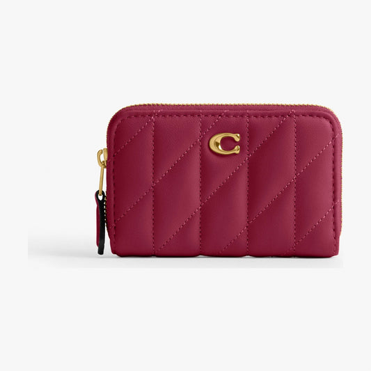 Coach Essential Small Zip Around Card Case With Pillow Quilting - Brass/Dark Fuchsia