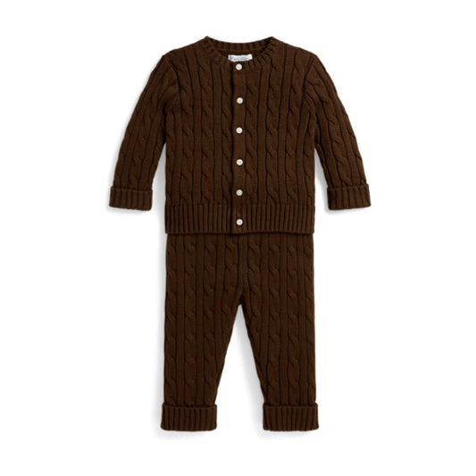 Baby Cable-Knit Cotton Cardigan & Pant - Chocolate Mousse