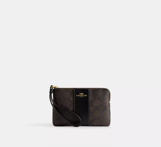 Coach Corner Zip Wristlet In Signature Canvas With Stripe