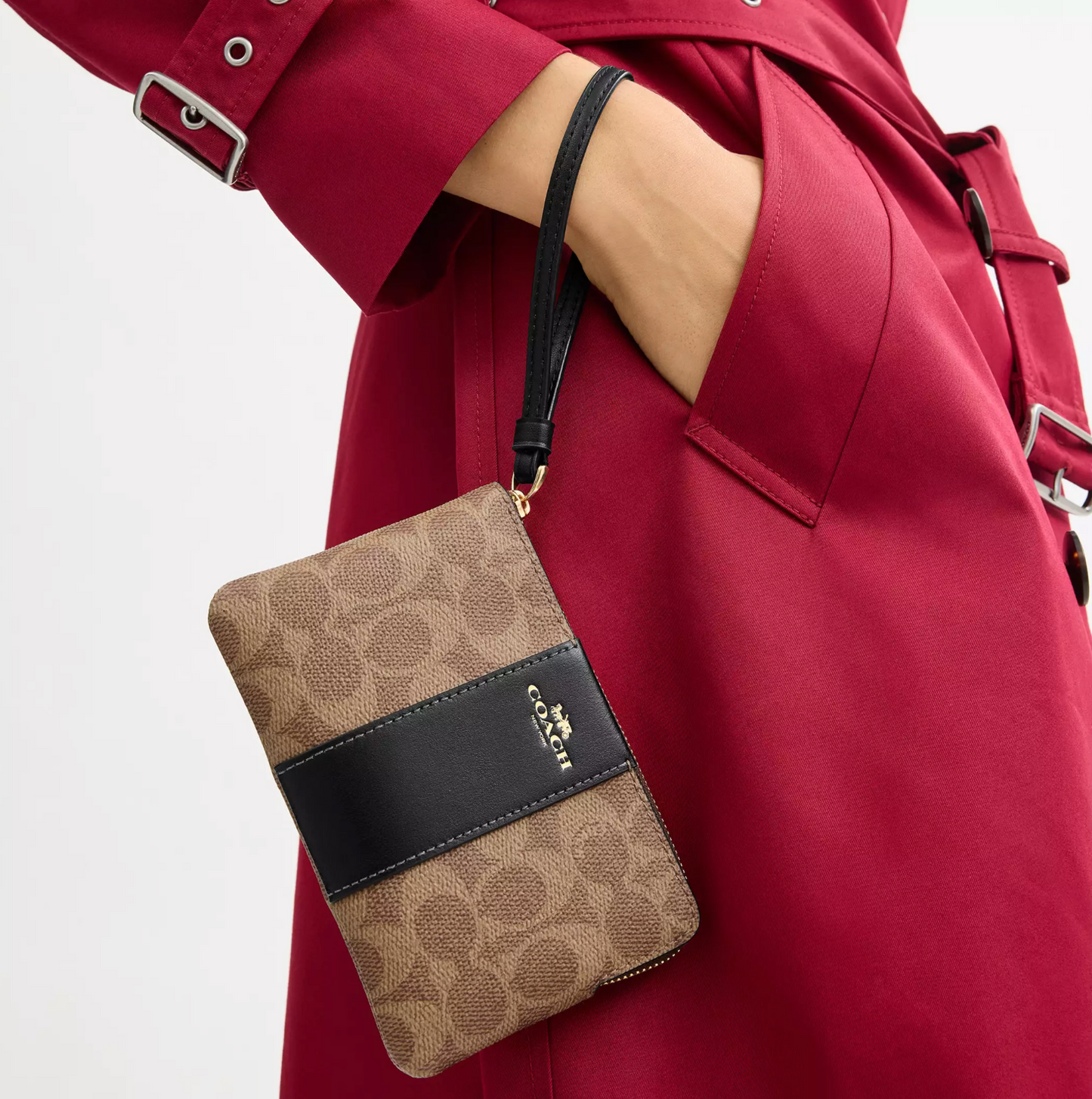 Coach Corner Zip Wristlet In Signature Canvas With Stripe
