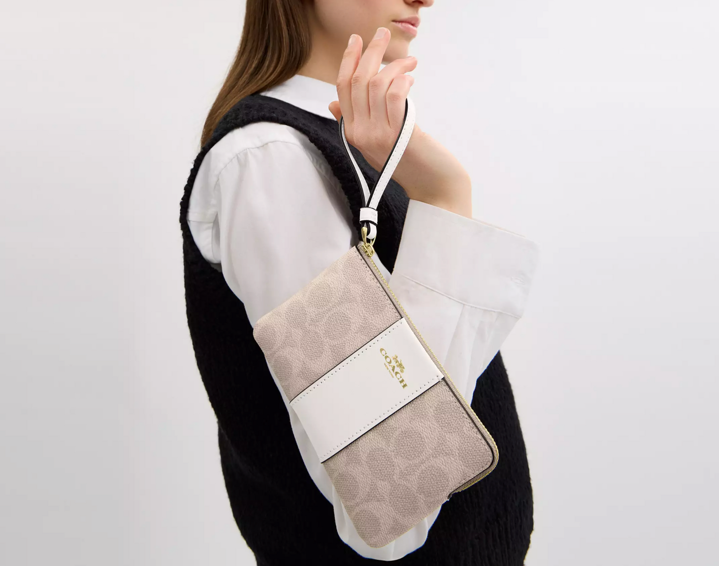 Coach Corner Zip Wristlet In Signature Canvas With Stripe