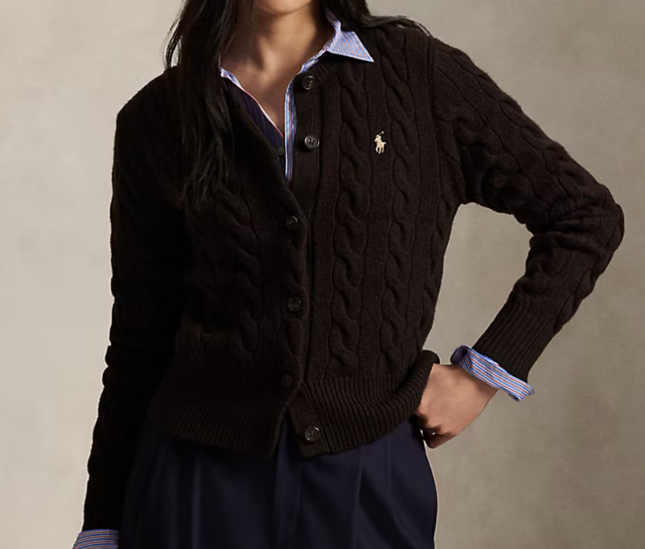 Polo Ralph Lauren Cable-Knit Wool-Cashmere Cardigan -Walnut Brown Melange