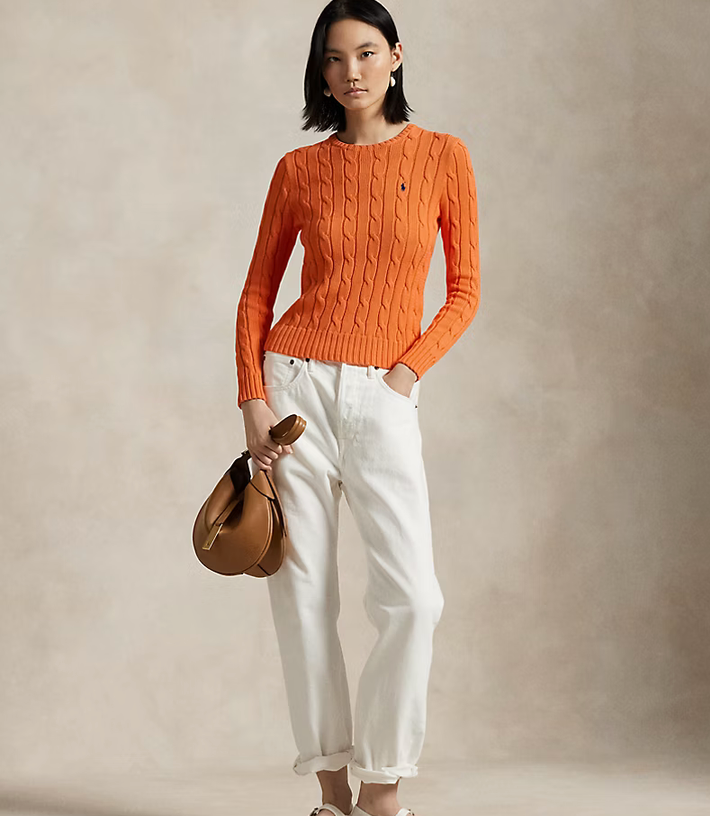 Polo Ralph Lauren Cable-Knit Cotton Crewneck Sweater -  Sun Orange