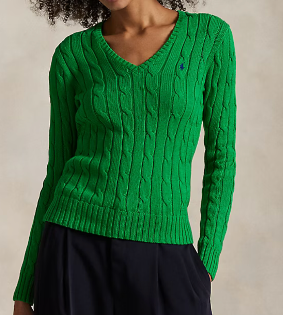 Polo Ralph Lauren Cable-Knit Cotton V-Neck Sweater - Green