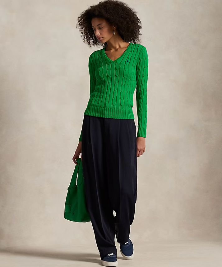 Polo Ralph Lauren Cable-Knit Cotton V-Neck Sweater - Green