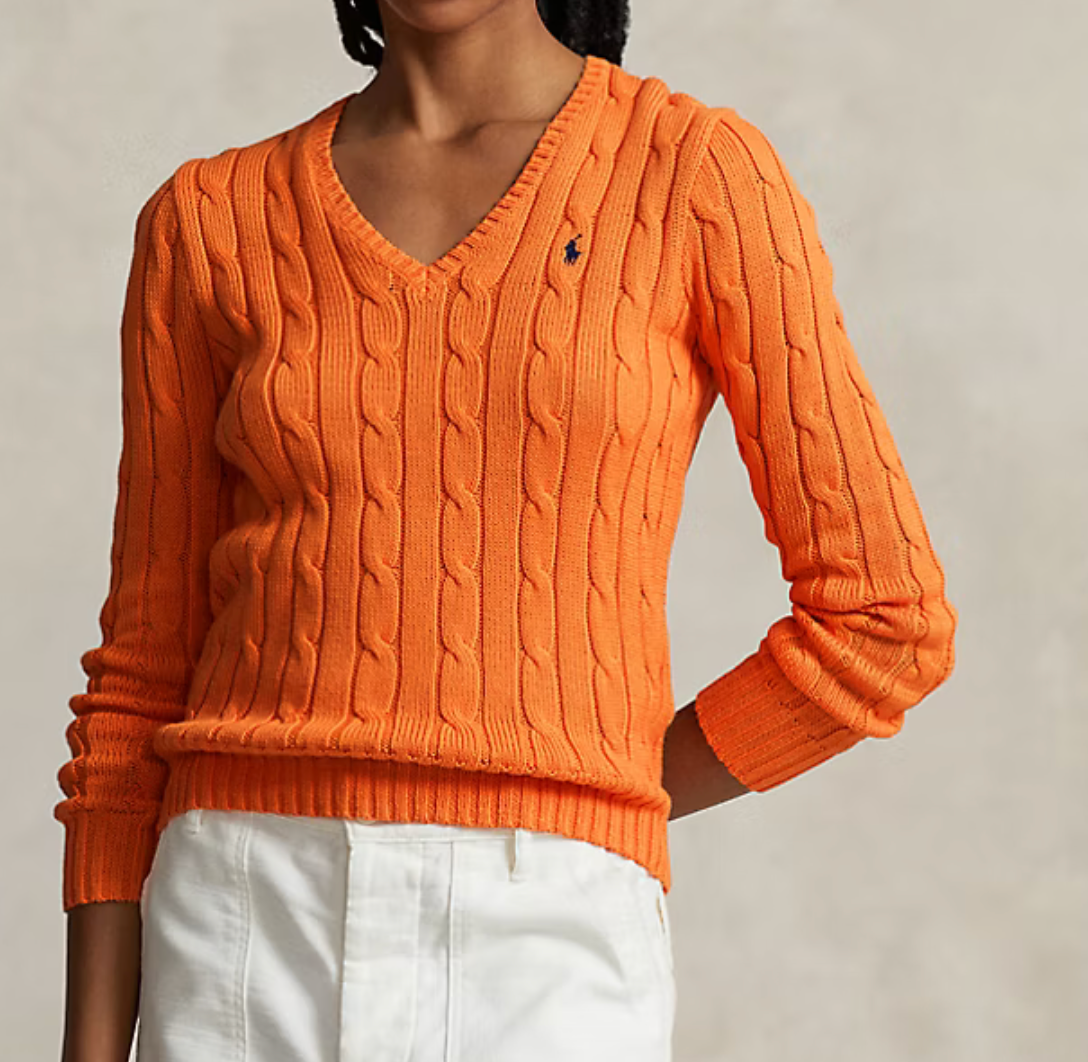 Polo Ralph Lauren Cable-Knit Cotton V-Neck Sweater -  Sun Orange
