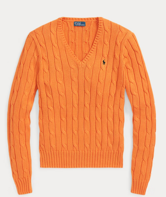 Polo Ralph Lauren Cable-Knit Cotton V-Neck Sweater -  Sun Orange