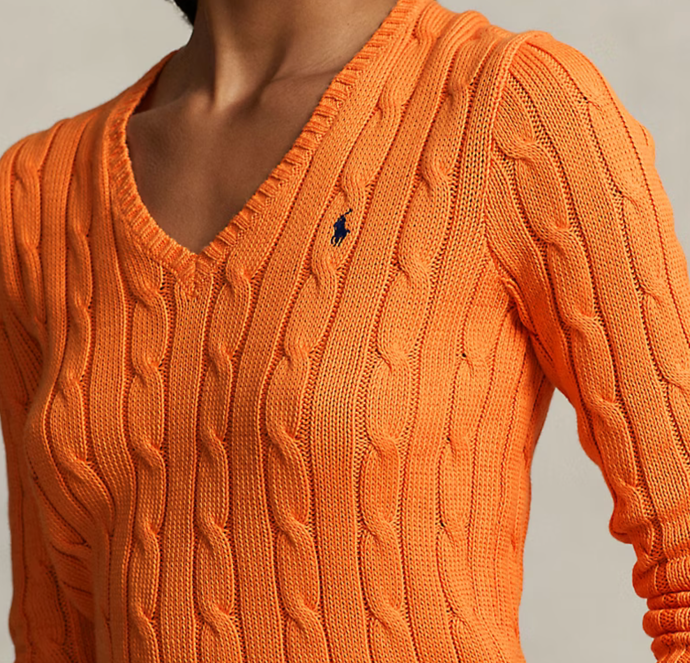 Polo Ralph Lauren Cable-Knit Cotton V-Neck Sweater -  Sun Orange