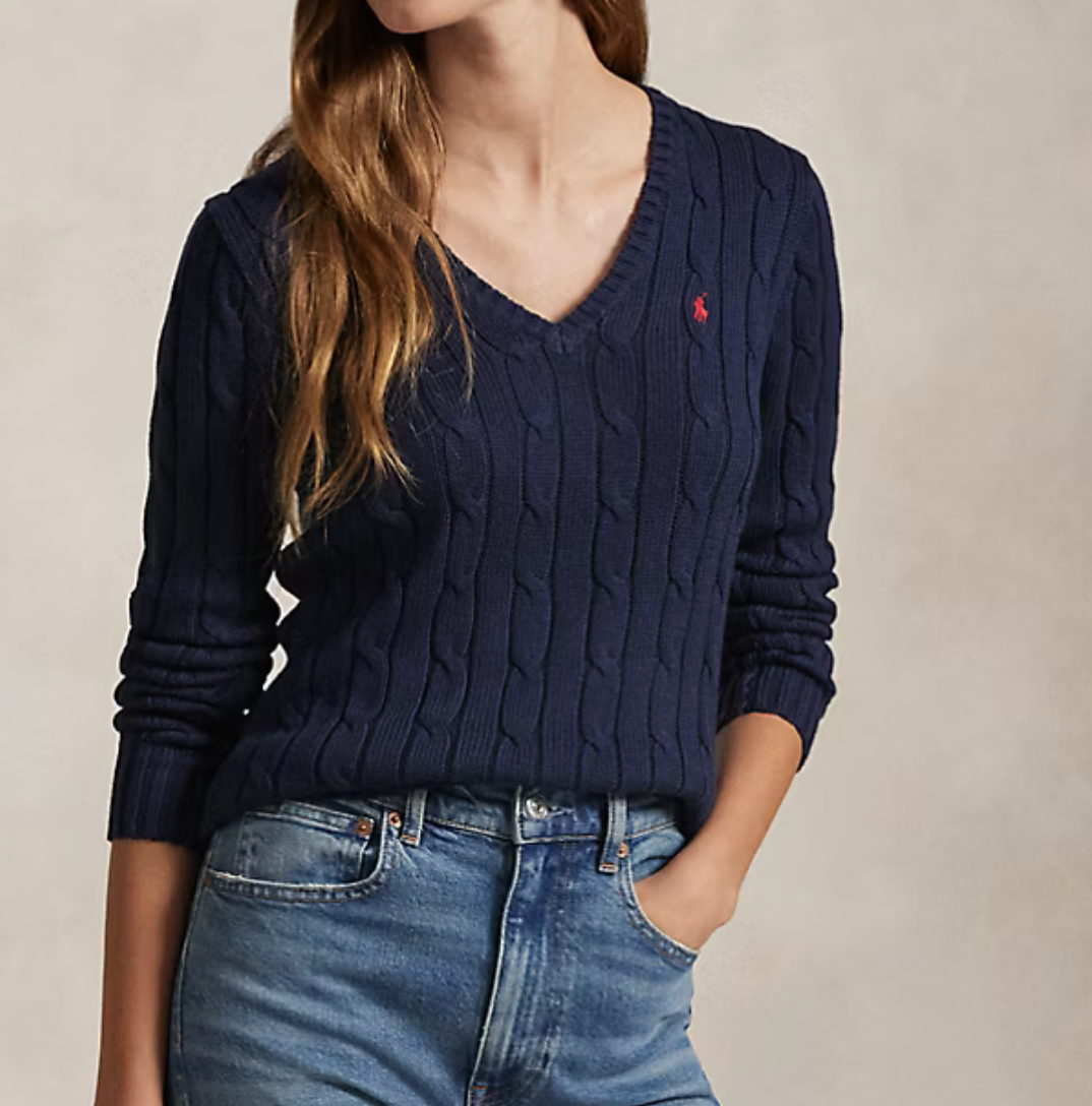 Polo Ralph Lauren Cable-Knit Cotton V-Neck Sweater - Hunter Navy