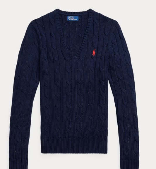 Polo Ralph Lauren Cable-Knit Cotton V-Neck Sweater - Hunter Navy