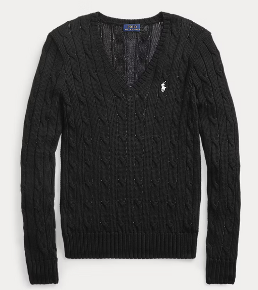 Polo Ralph Lauren Cable-Knit Cotton V-Neck Sweater - Polo Black/White