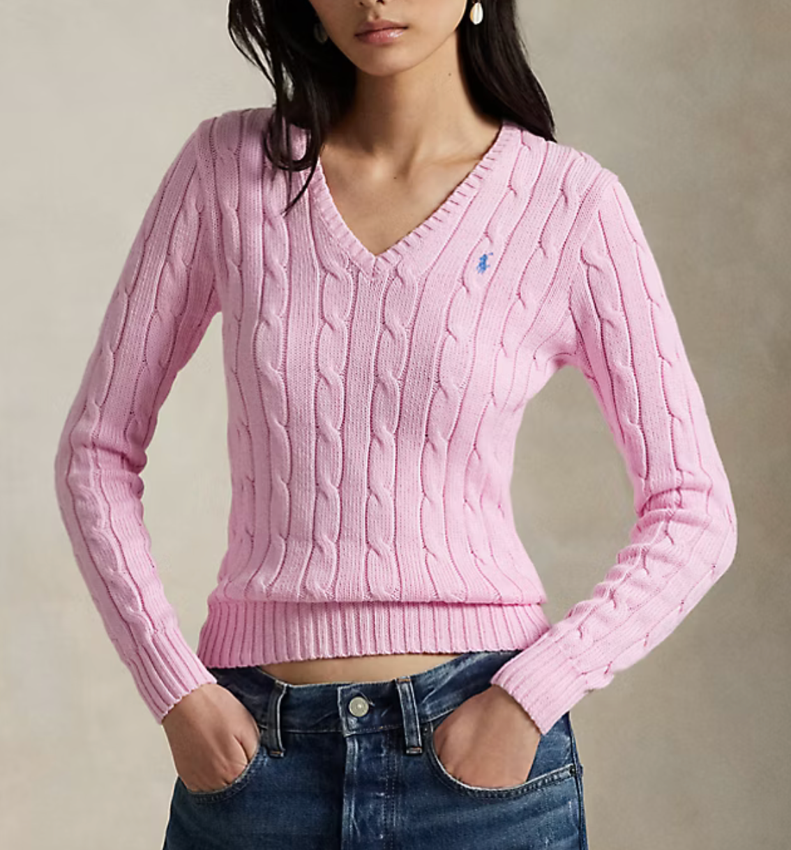Polo Ralph Lauren Cable-Knit Cotton V-Neck Sweater - Carmel Pink