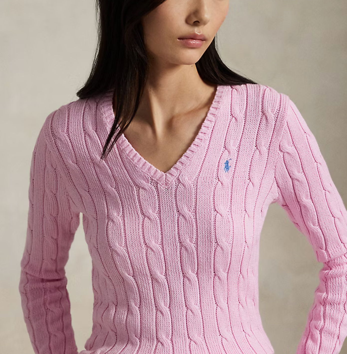 Polo Ralph Lauren Cable-Knit Cotton V-Neck Sweater - Carmel Pink