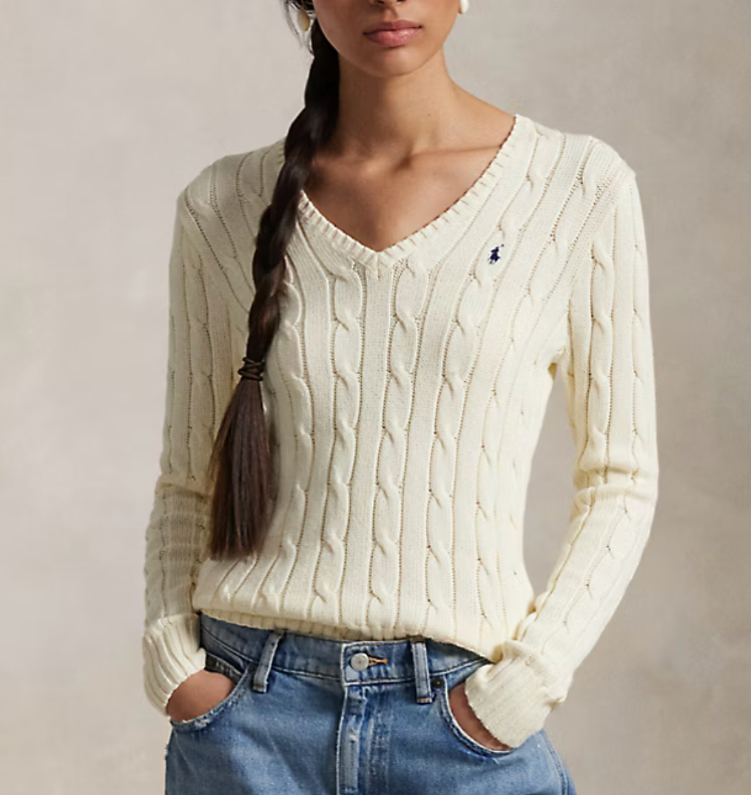 Polo Ralph Lauren Cable-Knit Cotton V-Neck Sweater - Cream