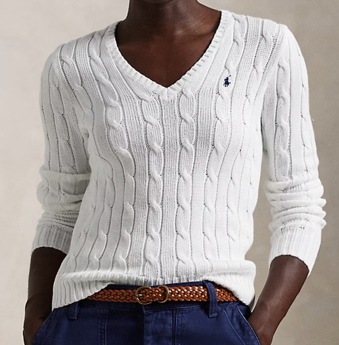 Polo Ralph Lauren Cable-Knit Cotton V-Neck Sweater - White