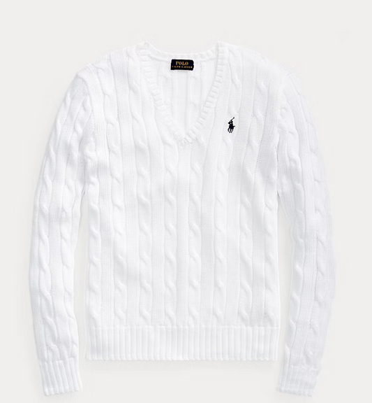 Polo Ralph Lauren Cable-Knit Cotton V-Neck Sweater - White