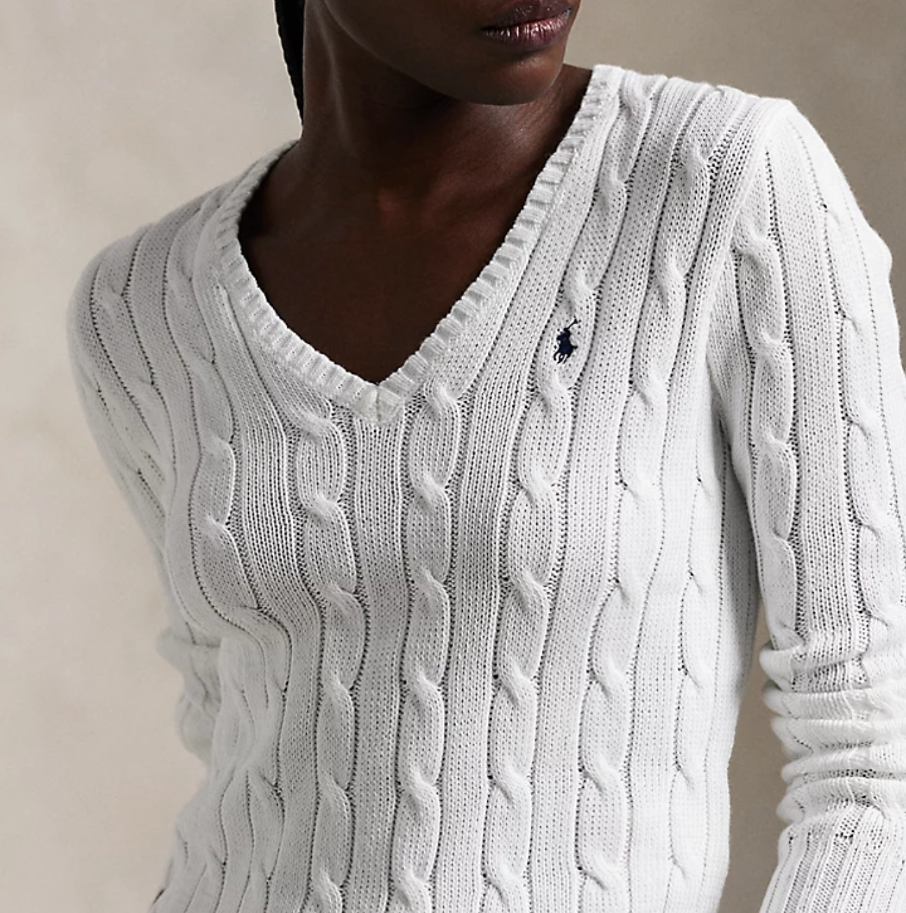 Polo Ralph Lauren Cable-Knit Cotton V-Neck Sweater - White