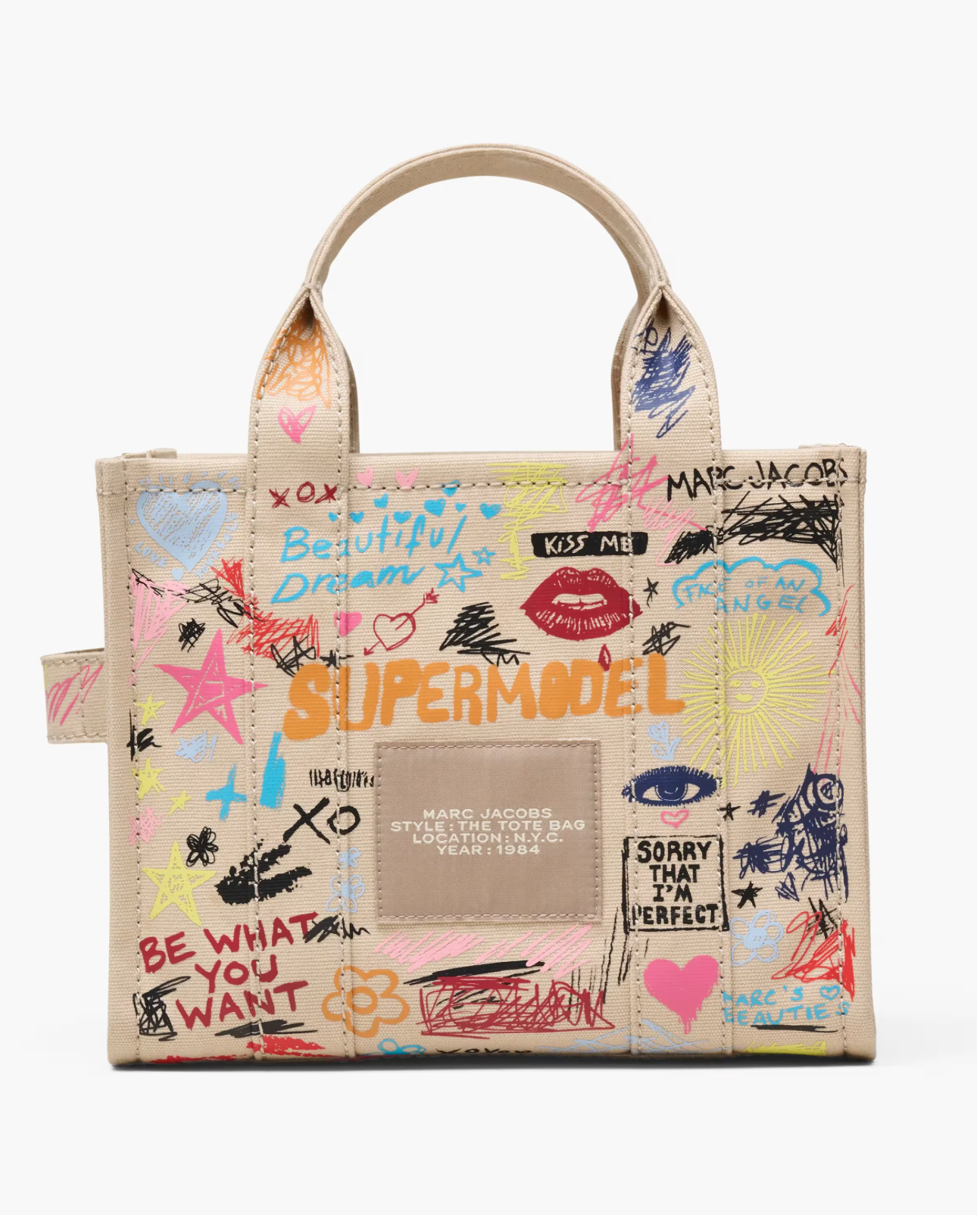 Marc Jacobs The Punk Scribble Canvas Small Tote Bag-Beige Multi