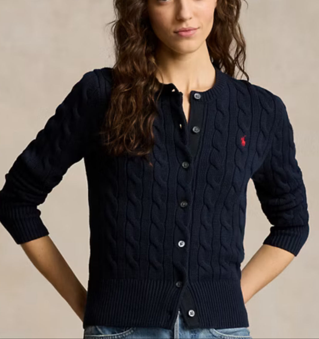 Polo Ralph Lauren Cable-Knit Cotton Crewneck Cardigan Navy