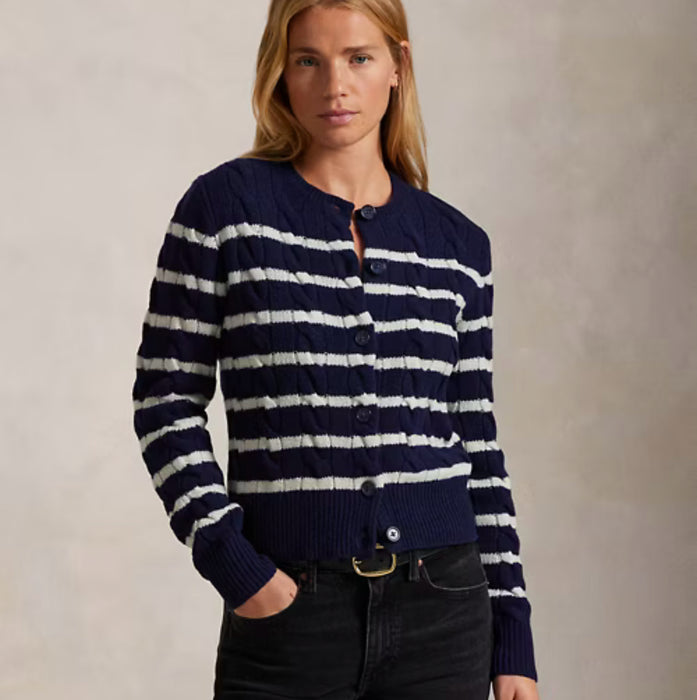 Polo Ralph Lauren Striped Cable Wool-Cashmere Cardigan Navy/Cream