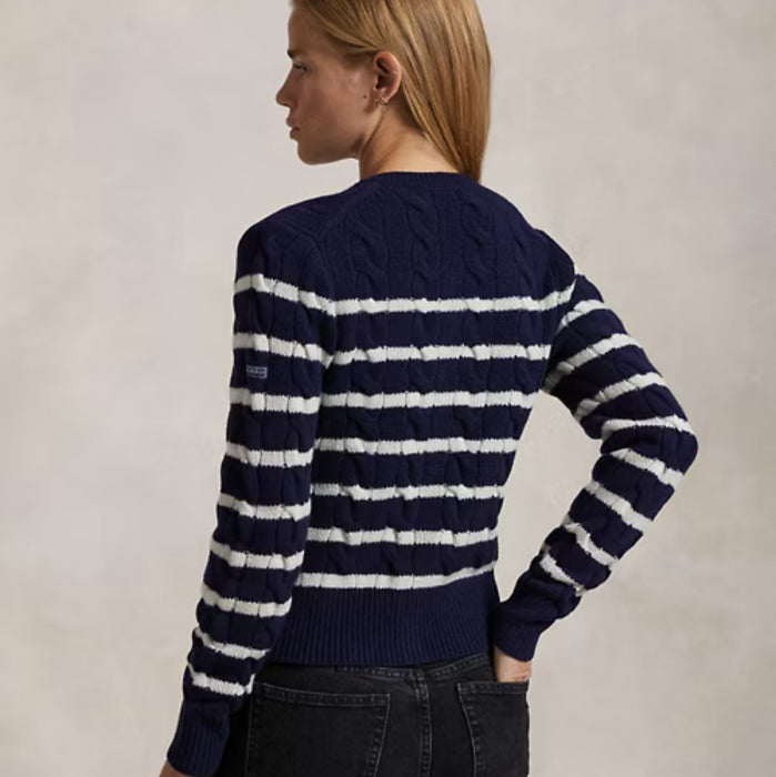 Polo Ralph Lauren Striped Cable Wool-Cashmere Cardigan Navy/Cream