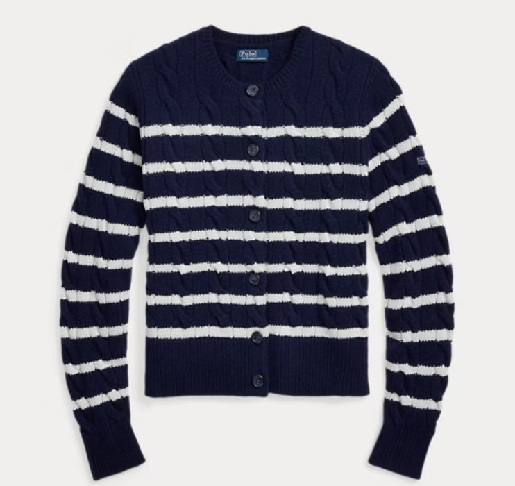 Polo Ralph Lauren Striped Cable Wool-Cashmere Cardigan Navy/Cream