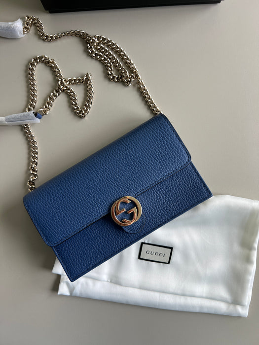 Gucci Dollar Calfskin Interlocking G Chain Wallet Bag Caspian Blue