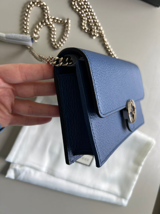 Gucci Dollar Calfskin Interlocking G Chain Wallet Bag Caspian Blue