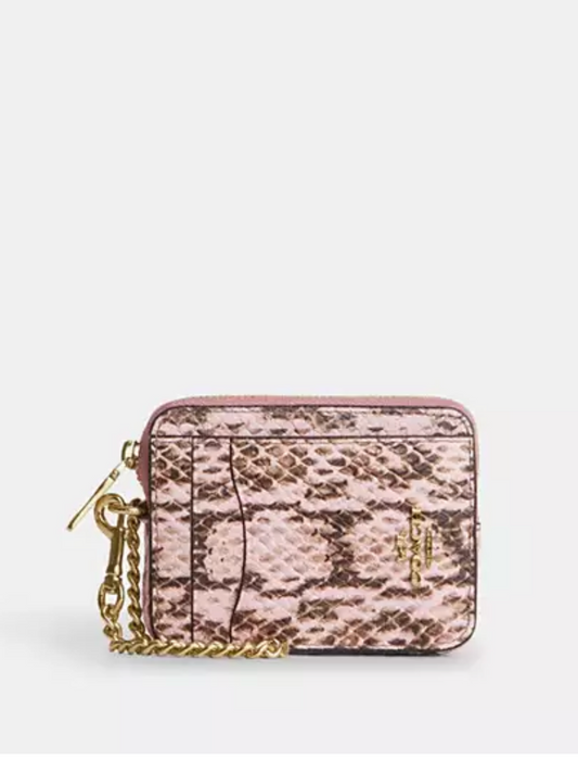 Coach Zip Card Case Snake Embossed Leather - Gold/Pink