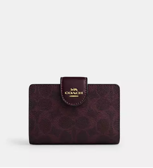 Coach Medium Corner Zip Wallet In Signature Canvas - Gold/Black Currant