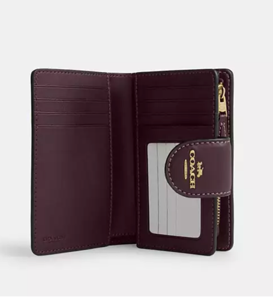 Coach Medium Corner Zip Wallet In Signature Canvas - Gold/Black Currant