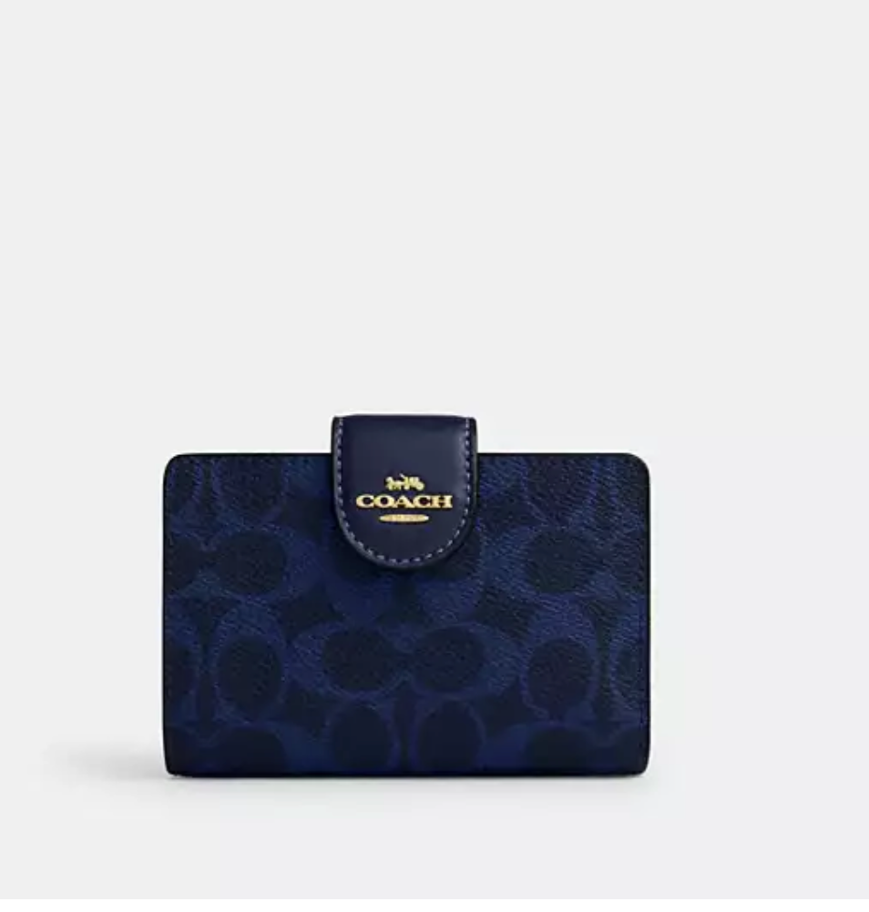 Coach Medium Corner Zip Wallet In Signature Canvas - Gold/Navy
