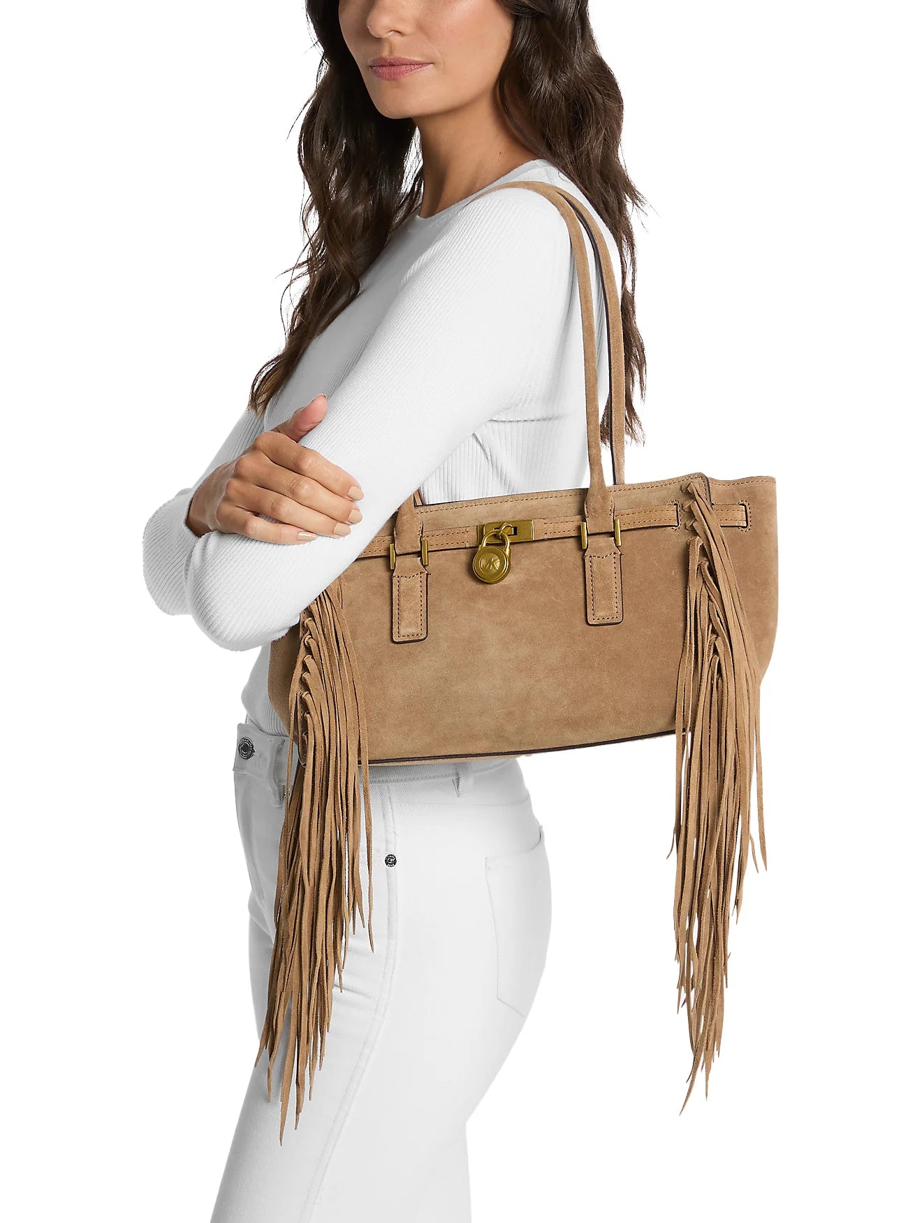 Michael Kors Women's Hamilton Moderne Small Fringed Suede Satchel Bag