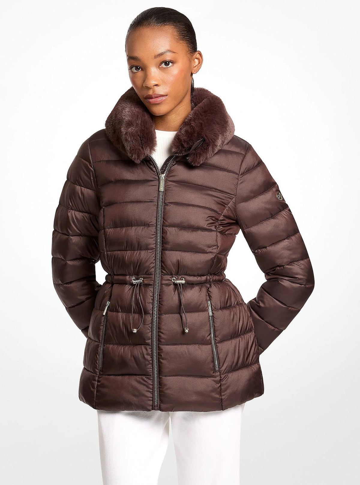 Michael Kors Faux Fur Quilted Puffer Jacket - CHOCOLATE