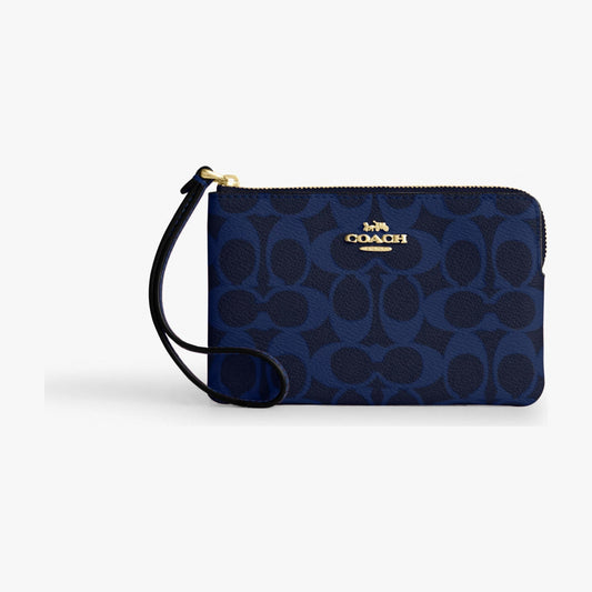 Coach Corner Zip Wristlet In Signature Canvas - Gold/Navy